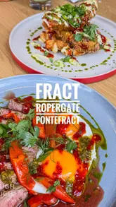 A review of a new coffee and brunch spot in Pontefract called FRACT, highlighting the vibrant orange decor, brunch menu including steak and eggs and fried chicken and waffles, and the on-site Pilates studio.