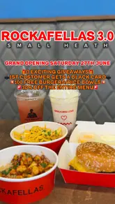A promotional video for the grand opening of Rockafellas 3.0 in Small Heath, featuring shots of their chicken and rice bowls, burgers, loaded fries, and salad bar, alongside interior and exterior venue shots.