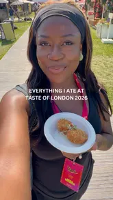 The creator provides a comprehensive tour of the Taste of London food festival, sampling various dishes and drinks from different vendors, including a Caribbean-themed area sponsored by British Airways Holidays and a VIP lounge.