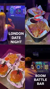 A group of friends visits Boom Battle Bar for a double date, highlighting the interactive darts and axe throwing games, along with the food and drink bundle offer.