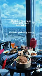 A polished, visually appealing reel showcasing a high-end Sunday brunch experience at Hutong in The Shard, featuring panoramic skyline views, cocktails, and signature dishes like Peking duck.