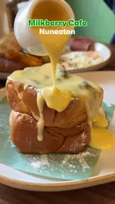 A short, punchy reel showcasing a brunch spread at Milkberry Cafe in Nuneaton, featuring a custard-drenched French toast, a full English breakfast, and iced lattes.