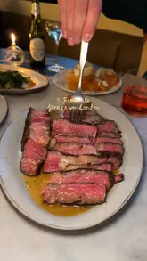 A fast-paced listicle video featuring five recommended steak restaurants in London. The creator provides a brief overview of each venue, highlighting specific steak cuts and dishes, while showing the cooking process and the final plated meals.
