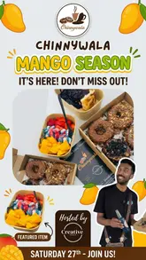 A creator reviews a street food stall called Chinnywala, showcasing their mango-themed desserts, loaded donuts, cheesecake, and a blue drink.