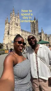 A couple documents their day trip to Canterbury, featuring sightseeing at the cathedral, shopping at independent boutiques, a punting tour on the river, and stops for lunch and dessert.