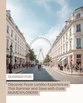 A promotional graphic featuring a scenic London street view with the London Eye in the background, used to advertise Fever London experiences with a discount code.