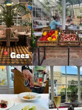 A four-panel collage showcasing the dining experience at Gees Restaurant, highlighting the conservatory setting, service, and atmosphere.