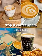A clean, well-composed collage of four distinct coffee-focused images, featuring latte art and a pastry, presented as a listicle highlighting coffee spots in South Wales.
