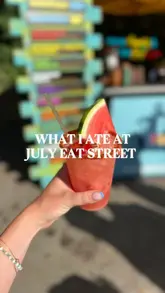 A vibrant vlog-style review of the 'Eat Street' food market in Stony Stratford, Milton Keynes. The creator visits multiple vendors, showcasing loaded brisket fries, spicy watermelon margaritas, samosa chaat, beef rendang, and lemon cheesecake choux pastry. The video captures the casual, outdoor atmosphere of the event, highlighting the variety of food and drink options available.