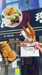 A food review video showcasing the 'Yuan Yang' noodle concept at Dr Noodle in Brick Lane, featuring a split-bowl noodle dish, grilled skewers, and chicken wings.