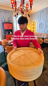 A promotional reel for a dim sum brunch at MiMi Mei Fair in London. The video features a theatrical tableside reveal of a dim sum basket, shots of the opulent interior, cocktail preparation, and close-ups of various dishes including dumplings, bao, and mains, concluding with a dessert.