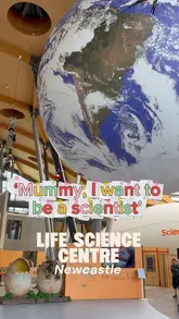 A vlog-style video showcasing a family visit to the Life Science Centre in Newcastle, highlighting the interactive exhibits, dinosaur trail, and educational activities for children.