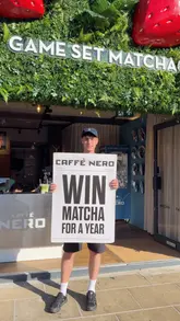 A promotional video showcasing a Caffe Nero store takeover themed around Wimbledon and matcha, featuring special drinks, merchandise, and a claw machine.