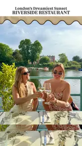 A short, aesthetic montage showcasing a riverside boat restaurant called Peggy Jean in London. The video features shots of the venue, the river view at sunset, people enjoying wine and food, and the overall atmosphere of a summer evening.