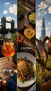 A high-quality promotional reel for Coppa Club Tower Bridge, highlighting the venue's iconic riverside igloos, scenic views of the Shard and Tower Bridge, and a variety of summer-themed dishes and cocktails. The video uses smooth, aesthetic transitions to create an inviting atmosphere.