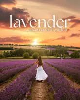 A visually stunning, aspirational travel image featuring a person walking through a vibrant lavender field during golden hour, effectively promoting the seasonal activity near London.