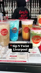 A promotional reel for Sip N Twist, a dirty soda shop in Liverpool. The video showcases the preparation of various dirty sodas, dirty matchas, and dirty brews, along with cheesecake pots and cake bites. It includes shots of the menu, the drink-making process, and a creator tasting the drinks in a car.