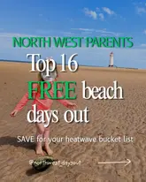 A promotional graphic for a listicle featuring free beach days out in the North West, using a bright, sunny beach scene as the background.