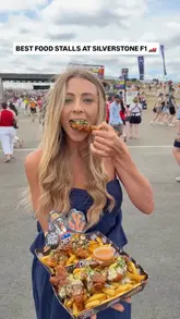 A fast-paced listicle video featuring a creator trying various food stalls at the Silverstone F1 Grand Prix. The video highlights specific dishes from different vendors, including chicken tenders, a steak bap, tacos, bao buns, and a pina colada, providing a helpful guide for event attendees.
