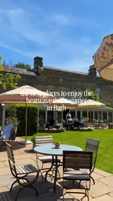 A montage video showcasing various outdoor dining and drinking venues in Bath, highlighting gardens, terraces, and riverside settings during summer.