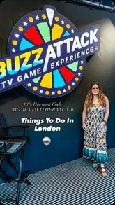 A couple visits 'BuzzAttack' in Shoreditch, an immersive game show experience. The video captures the excitement of the venue, showing the entrance, the game show set, the interactive wheel, and the snacks provided.