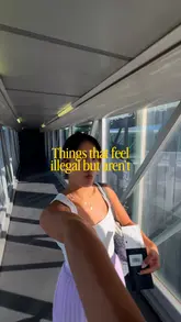 The video is a montage of various travel and dining experiences, including an airport lounge visit with dim sum, a hotel lounge with champagne, and a restaurant meal with a view, all framed under the 'things that feel illegal but aren't' trend.