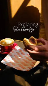 A fast-paced, handheld vlog-style video guiding viewers through a sunny morning in Stockbridge, Edinburgh. The creator visits multiple independent businesses, including cafes, homeware stores, and boutiques, providing a quick visual tour of the area's offerings.