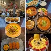 A collage of four images showcasing a restaurant visit, including a wide shot of the venue interior and three close-up shots of various Indian dishes and desserts.