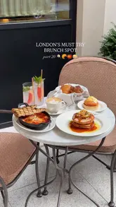 A short, aesthetic montage showcasing a brunch spread at a restaurant in Mayfair, featuring dishes like shakshuka, eggs royale, pancakes, and pastries.