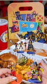 A promotional video showcasing the limited-time X-Men '97 meal collaboration at Dave's Hot Chicken, featuring a child unboxing the meal and collectible blind bags.