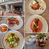 A collage of six images showcasing the exterior terrace and various dishes from a cafe, including waffles, arancino, falafel, and a dessert, intended to highlight the venue's food and atmosphere.
