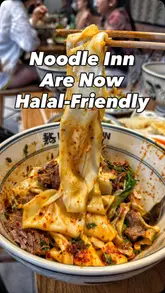 A creator visits Noodle Inn to highlight their new halal-friendly status, showcasing a wide range of dishes including various noodle bowls, starters, and drinks. The video features the kitchen preparation process and provides a comprehensive look at the menu.