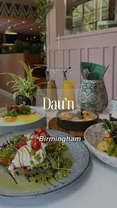 A visually appealing montage showcasing a variety of brunch dishes at Dau'n in Birmingham, including sweet potato with burrata, Indian-inspired crumpets, teriyaki salmon, and a brioche custard bake.