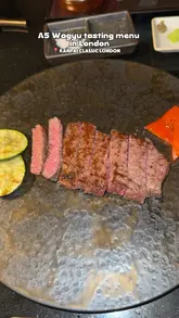 A short, punchy reel showcasing a high-end A5 Wagyu tasting menu at Kanpai Classic in London, featuring close-up shots of raw meat, the grilling process, and finished dishes.