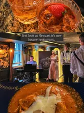 A promotional collage showcasing the atmosphere, live entertainment, cocktails, and food at Siren, a new luxury restaurant in Newcastle with a 1920s-inspired aesthetic.