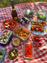 A top-down view of a picnic spread laid out on a red and white checkered blanket, featuring various containers of food including a salad, couscous, tofu skewers, hummus, olives, and fruit, alongside a bottle of prosecco.