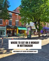 A bright, clear, eye-level street photography shot used as a cover image for a listicle guide about restaurants in Nottingham. The image captures a row of independent venues on a sunny day, providing a welcoming and informative visual for the content.