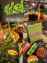 A collage of images showcasing a frozen yogurt and acai bowl venue, highlighting the branding, interior signage, and fresh, colourful food products.