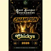 A digital graphic poster announcing the winner of a 'Best Burger Tournament' for a Halal food community in Dublin. The design features a gold crown, a bracket layout, and the name of the winning venue, 'Chickys'.