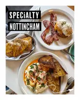 A high-quality, overhead flat-lay photograph of a brunch spread featuring three distinct dishes: a potato hash with bacon, Turkish eggs with sourdough, and a side of hash browns. The lighting is bright and even, highlighting the textures of the food, and the composition is clean and well-balanced.