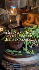 The video features a creator reviewing the new 'After Dark' evening dining service at The Gallery in Barry. It includes shots of the venue's interior, table settings, and various food items like steak, cheese, and dessert, while the creator provides commentary on the experience.