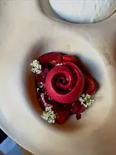 A high-end, top-down shot of a signature baba dessert with cherry sorbet, presented on an artistic, textured ceramic plate. The composition is clean and professional, highlighting the vibrant colours of the dish against a neutral background.