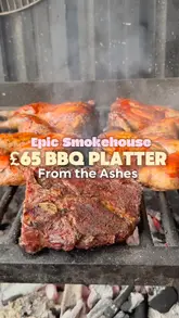 A review of a BBQ platter at 'From the Ashes' smokehouse, located at The Five Points Brewing Co. The video features close-ups of smoked meats, including beef short rib, sausage, pork belly, and chicken, alongside sides. It highlights the venue's outdoor courtyard setting, sports screens, and live music, positioning it as a great spot for sharing with friends.
