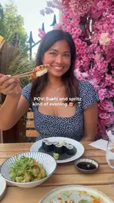 A short, punchy reel featuring a creator enjoying a 'Spritz & Sushi' pairing at Uni restaurant in Belgravia. The video highlights the collaboration with Pomelle Spritz, showcasing various sushi dishes, cocktails, and the restaurant's floral exterior.