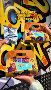 A short, energetic promotional video showcasing a collaboration between Dave's Hot Chicken and X-Men '97, featuring the branded meal box, the food, and the collectible toy.