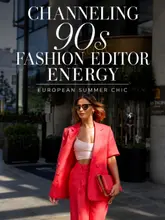 A high-quality, editorial-style fashion photograph featuring a woman in a bright pink linen suit, captured in front of the Pan Pacific London hotel. The image prioritizes fashion aesthetics over the hospitality venue, utilizing a clean, professional composition.