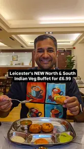 A fast-paced, engaging review of a new Indian vegetarian restaurant in Leicester, featuring a creator and his mother sampling various dishes from the buffet and à la carte menu, while highlighting the venue's interior and private dining options.