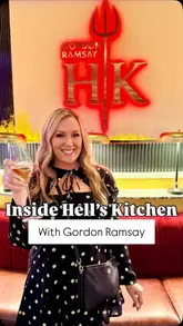 The creator documents their experience at a press event for Gordon Ramsay's Hell's Kitchen restaurant. The video features behind-the-scenes footage of the kitchen staff, close-ups of high-end dishes like Beef Wellington and oysters, and shots of the restaurant's atmosphere and cocktails.