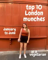 A creator stands in front of a textured wall, presenting a listicle cover image for a 'top 10 London munches' video. The image is clean, well-composed, and uses clear text overlays to communicate the content of the video.