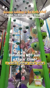 A vlog-style reel showcasing a family-friendly climbing centre, highlighting various activities like clip 'n climb, bouldering, soft play, and the on-site cafe.